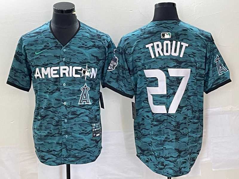 Men%27s Los Angeles Angels #27 Mike Trout Teal 2023 All Star Cool Base Stitched Jersey1->los angeles angels->MLB Jersey